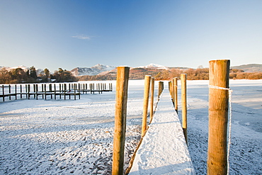 Derwent Water at Keswick in the Lake District completely frozen over during December 2010, Cumbria, England, United Kingdom, Europe