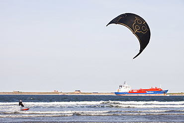 A Kite surfer in Teesmouth estuary, Teesside, England, United Kingdom, Europe