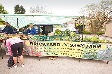 An organic farm stall selling organic vegetables at a market in Saltaire, Yorkshire, England, United Kingdom, Europe