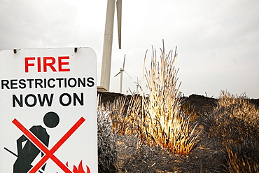 Fire restrictions sign on Ogden Moor near Wainstalls above Halifax where after the driest April on record moorland fires broke out, causing the windfarm to close, Yorkshire, England, United Kingdom, Europe