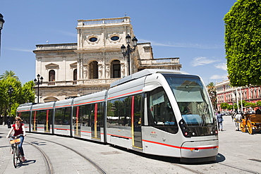 A modern tram in Seville, Andalucia, Spain, Europe