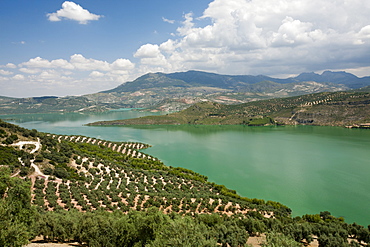 The Iznajar reservoir which powers a hydro electric power station near Antequera in Andalucia, Spain, Europe