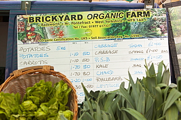 An organic farm stall selling organic vegetables at a market in Saltaire, Yorkshire, England, United Kingdom, Europe