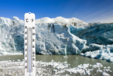 A thermometer taking the air temperature as part of a study to measure the speed of the Russell Glacier near Kangerlussuaq Greenland, Polar Regions