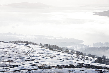 Snow and valley mist over Lake Windermere, looking towards Loughrigg, Lake District, Cumbria, England, United Kingdom, Europe