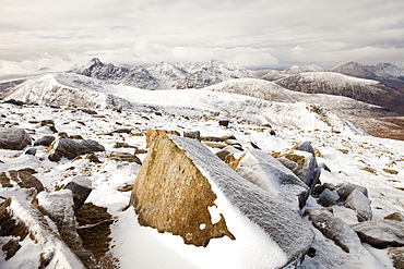 The view west into the Cuillins from Beinn na Caillich summit, behind Broadford on the Isle of Skye, Scotland, United Kingdom, Europe