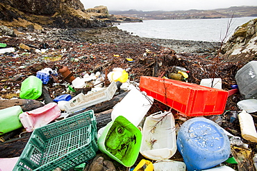 Plastic debris washed ashore at Ardtreck Bay on the Isle of Skye, Scotland, United Kingdom, Europe