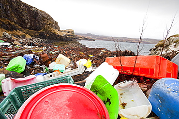 Plastic debris washed ashore at Ardtreck Bay on the Isle of Skye, Scotland, United Kingdom, Europe