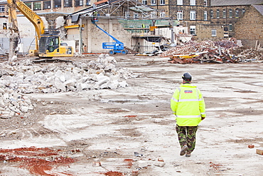 Demolition of an old mill building in Keighley, West Yorkshire, Yorkshire, England, United Kingdom, Europe