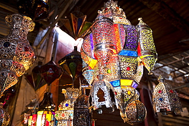 Morrocan lighting on a stand at a souk in Marrakech, Morocco, North Africa, Africa