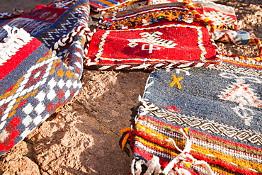 Berber Moroccan woven cloth rugs and bags in the Anti Atlas mountains of Morocco, North Africa, Africa