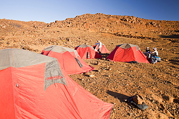 Setting up camp on a trek in the Jebel Sirwa region of the Anti Atlas mountains of Morocco, North Africa, Africa