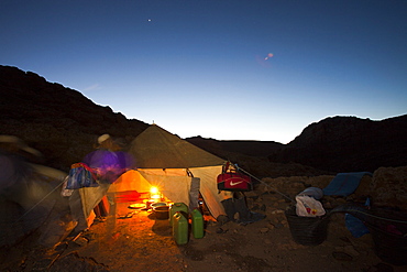 A night time camp on a trek in the Jebel Sirwa region of the Anti Atlas mountains of Morocco, North Africa, Africa