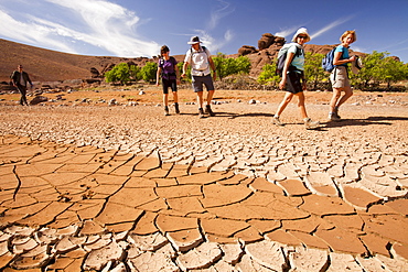 Trekkers pass a dried up river bed in the Anti Atlas mountains of Morocco, North Africa, Africa