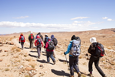 Trekkers in the Jebel Sirwa region of the Anti Atlas mountains, Morocco, North Africa, Africa.