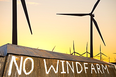 Dawn over Whitlee wind farm on Eaglesham Moor just south of Glasgow in Scotland, United Kingdom, Europe