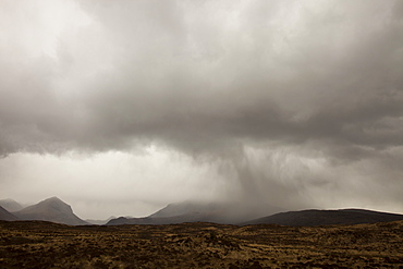 View from Sligachan of rain over the Cuillin Ridge on the Isle of Skye, Scotland, United Kingdom, Europe