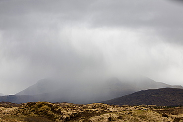 View from Sligachan of rain over the Cuillin Ridge on the Isle of Skye, Scotland, United Kingdom, Europe