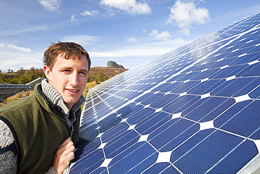 Solar panels on the Isle of Eigg off Scotland's west coast, Scotland, United Kingdom, Europe