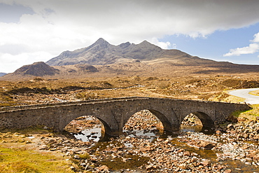 The North end of the Cuillin Ridge on the Isle of Skye, from the old road bridge at Sligachan, Scotland, United Kingdom, Europe