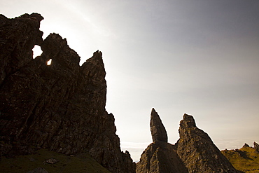 Rock formations by the Old Man of Storr on the Trotternish Peninsula, Isle of Skye, Scotland, United Kingdom, Europe