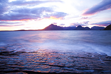 View from Elgol of the Cuillin Ridge at sunset, Isle of Skye, Scotland, United Kingdom, Europe