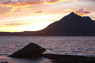 View from Elgol of the Cuillin Ridge at sunset, Isle of Skye, Scotland, United Kingdom, Europe