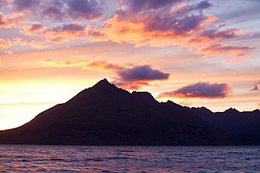 View from Elgol of the Cuillin Ridge at sunset, Isle of Skye, Scotland, United Kingdom, Europe