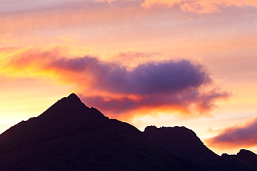 View from Elgol of the Cuillin Ridge at sunset, Isle of Skye, Scotland, United Kingdom, Europe