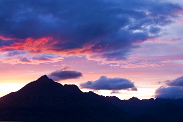 View from Elgol of the Cuillin Ridge at sunset, Isle of Skye, Scotland, United Kingdom, Europe