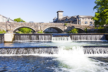 A fish ladder in a weir on the River Kent in Kendal, Cumbria, England, United Kingdom, Europe