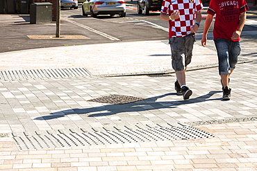 A shared space road experiment, where pedestrians and vehicles share the same space, Poynton village, Cheshire, England, United Kingdom, Europe