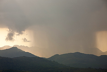 A thunder storm passing over the Langdale Pikes in the Lake District National Park, Cumbria, England, United Kingdom, Europe