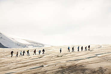 Meltwater channels and tourists on the Athabasca Glacier, Jasper National Park, UNESCO World Heritage Site, Alberta, Canadian Rockies, Canada, North America