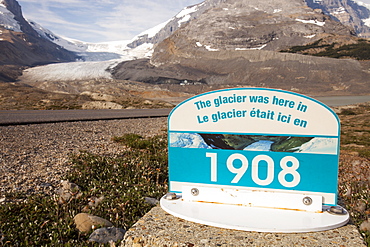 Sign showing extent of the retreat of the Athabasca Glacier, Jasper National Park, UNESCO World Heritage Site. Alberta, Rocky Mountains, Canada, North America