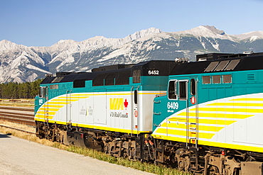 A train engine unit in Jasper in the Rocky Mountains, Alberta, Canada, North America