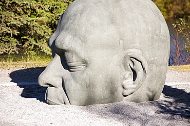 A sculpture named Big Head, a translation of the Gaelic Ceann Mar, in Canmore, Banff National Park, Alberta, Rocky Mountains, Canada, North America