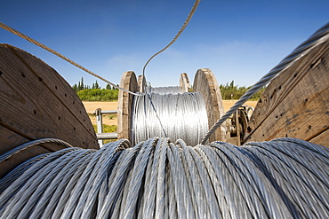 As the tar sands mines march ever further north, electricity has to be provided to the new production sites, Alberta, Canada, North America