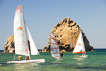 Sailing boats at holiday complex in Myrina, on Lemnos, Greek Islands, Greece, Europe