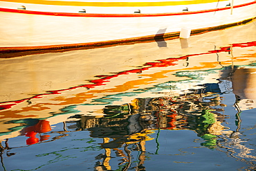 Traditional Greek fishing boats in the harbour at Myrina on Lemnos, Greek Islands, Greece, Europe