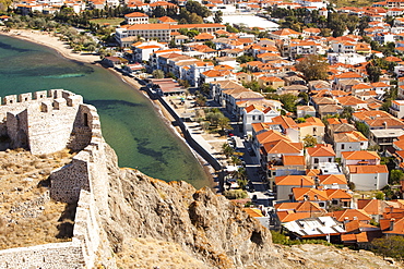 The walls of the ancient Byzantine Castle looking down on Myrina on Lemnos, Greek Islands, Greece, Europe