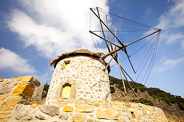 Old traditional Greek cloth-sailed windmills in Kontias on Lemnos, Greek Islands, Greece, Europe