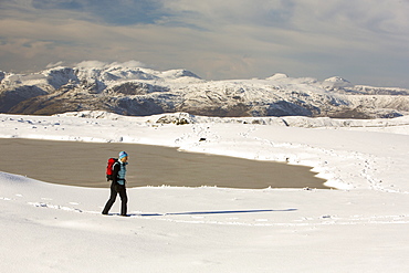 A woman walking on the summit of Red Screes in early November snow, Lake District National Park, Cumbria, England, United Kingdom, Europe