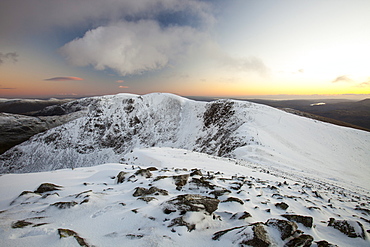 Looking towards Dollywagon Pike and Fairfield from Helvellyn at sunset, Lake District National Park, Cumbria, England, United Kingdom, Europe