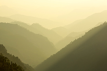 Misty light over the Modi Khola valley below the Annapurna Sanctuary, Himalayas, Nepal, Asia