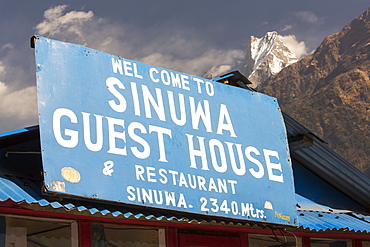 A tea house lodge on the Annapurna Base Camp trek below Machapuchare, Himalayas, Nepal, Asia