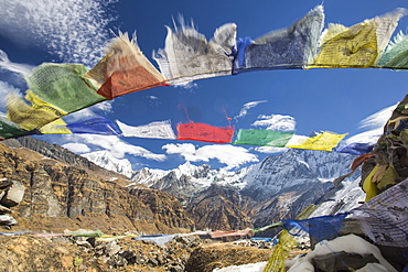 Prayer flags at Annapurna Base Camp at 4130 metres looking towards Machapuchare, Annapurna Sanctuary, Himalayas, Nepal, Asia