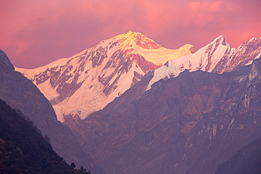 Alpenglow at sunset on Machapuchare, Annapurna Sanctuary, Nepalese Himalayas, Nepal, Asia