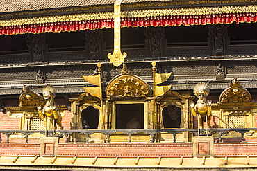 Copper dragons on a religious building in Kathmandu, Nepal, Asia