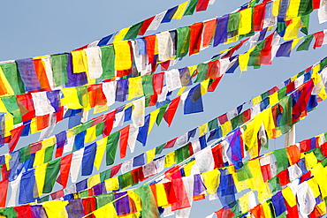 Prayer flags at the Boudhanath Stupa, one of the holiest Buddhist sites in Kathmandu, Nepal, Asia